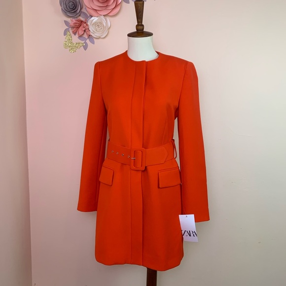 New! ZARA Orange Belted Frock Blazer Coat - Picture 4 of 13